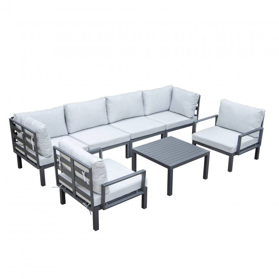 LeisureMod Hamilton 7-Piece Aluminum Patio Conversation Set with Coffee Table And Cushions - Light Gray