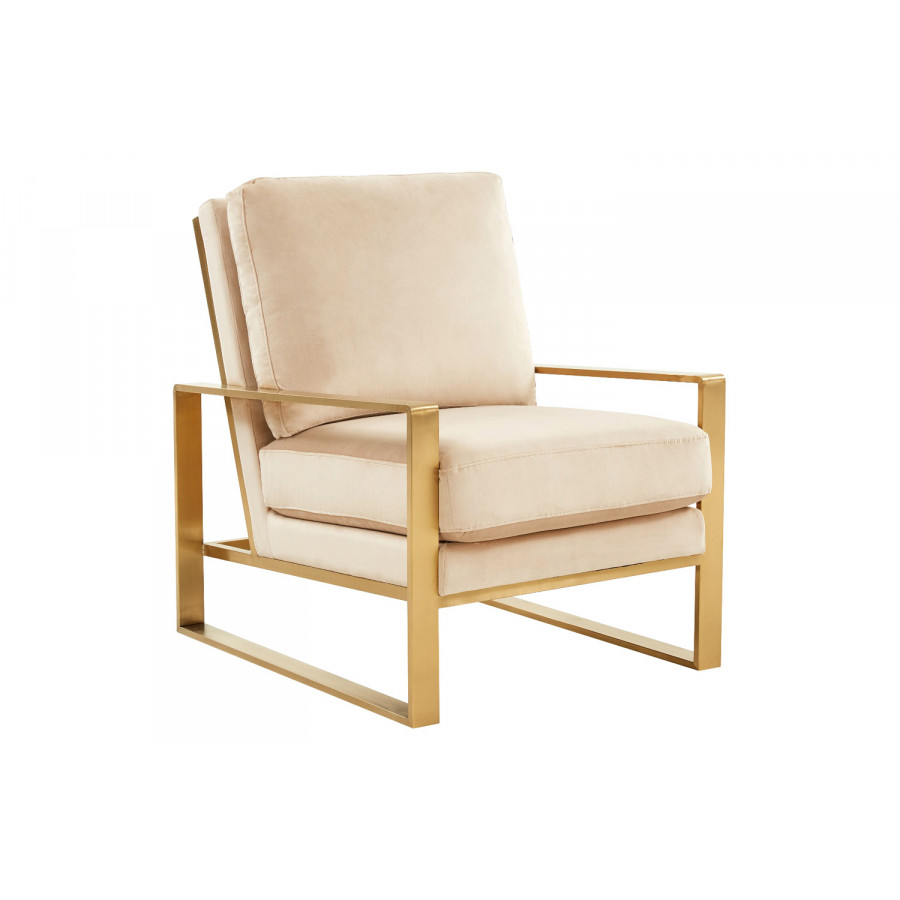 LeisureMod Jefferson Velvet Design Accent Armchair with Gold Brass Finish Frame - Beige