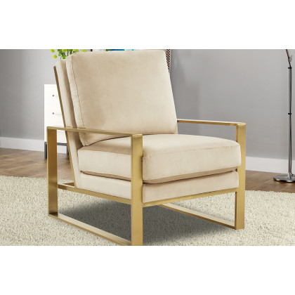 LeisureMod Jefferson Velvet Design Accent Armchair with Gold Brass Finish Frame - Beige