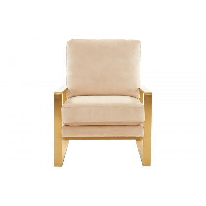 LeisureMod Jefferson Velvet Design Accent Armchair with Gold Brass Finish Frame - Beige