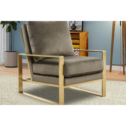 LeisureMod Jefferson Velvet Design Accent Armchair with Gold Brass Finish Frame - Dark Gray