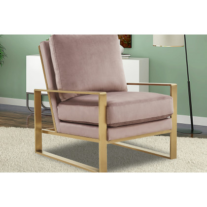 LeisureMod Jefferson Velvet Design Accent Armchair with Gold Brass Finish Frame - Pink