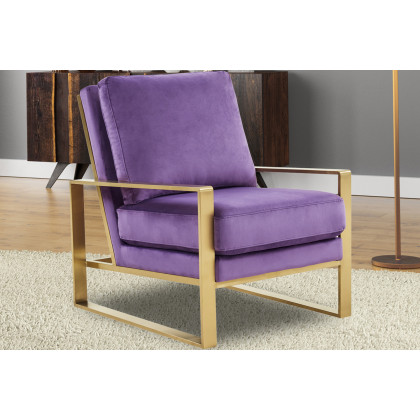LeisureMod Jefferson Velvet Design Accent Armchair with Gold Brass Finish Frame - Purple