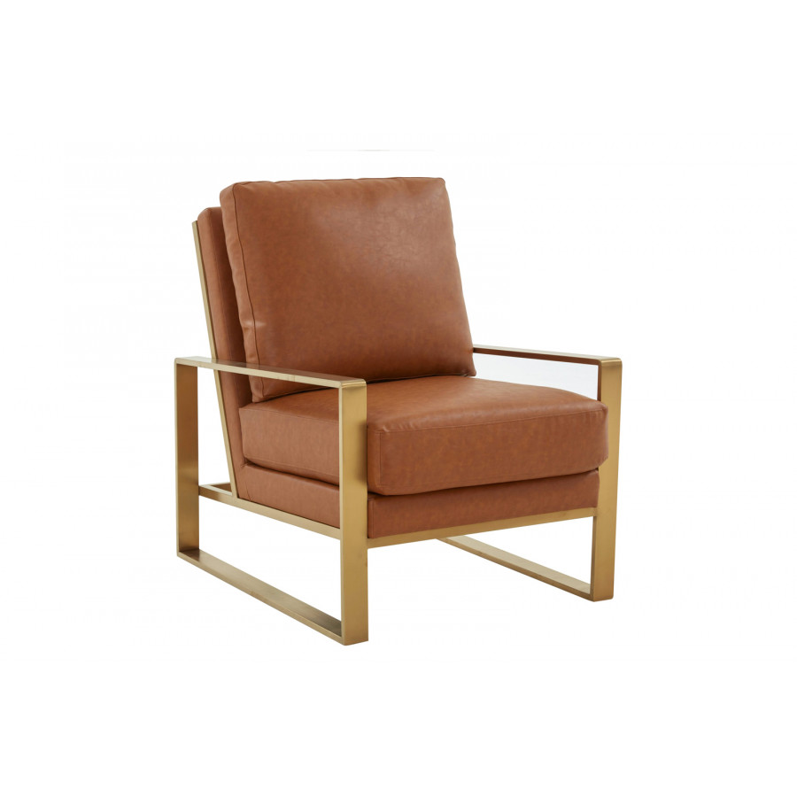 LeisureMod Jefferson Leather Modern Design Accent Armchair With Elegant Gold Frame - Cognac Tan