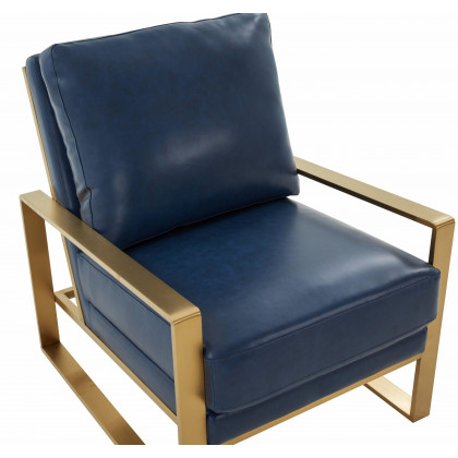 LeisureMod Jefferson Leather Modern Design Accent Armchair With Elegant Gold Frame - Navy Blue