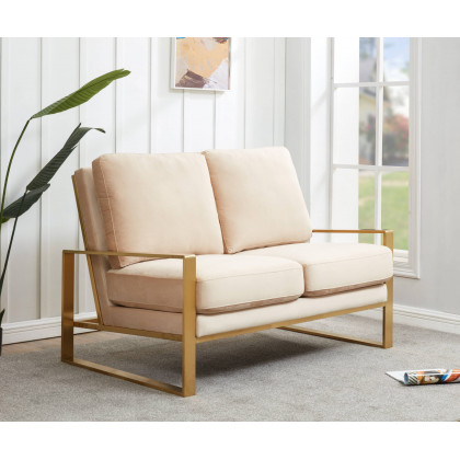 LeisureMod Jefferson Contemporary Modern Velvet Loveseat With Gold Frame - Beige