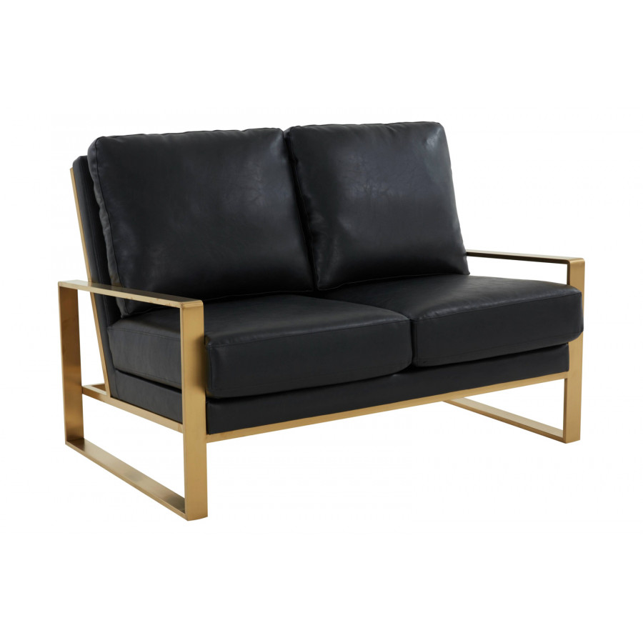 LeisureMod Jefferson Contemporary Modern Faux Leather Loveseat With Gold Frame - Black