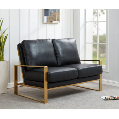 LeisureMod Jefferson Contemporary Modern Faux Leather Loveseat With Gold Frame - Black