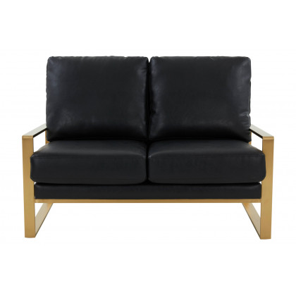 LeisureMod Jefferson Contemporary Modern Faux Leather Loveseat With Gold Frame - Black