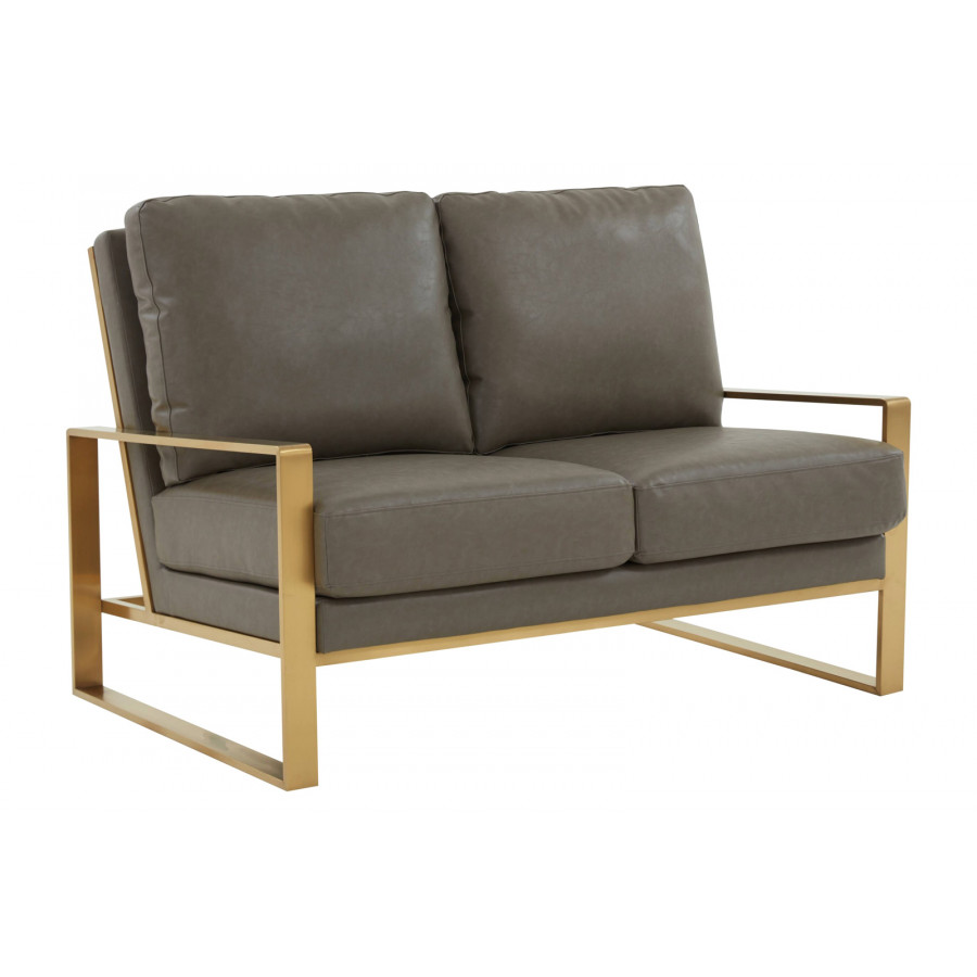 LeisureMod Jefferson Contemporary Modern Faux Leather Loveseat With Gold Frame - Gray