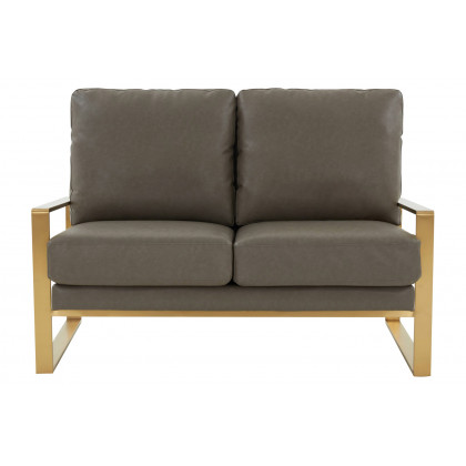 LeisureMod Jefferson Contemporary Modern Faux Leather Loveseat With Gold Frame - Gray