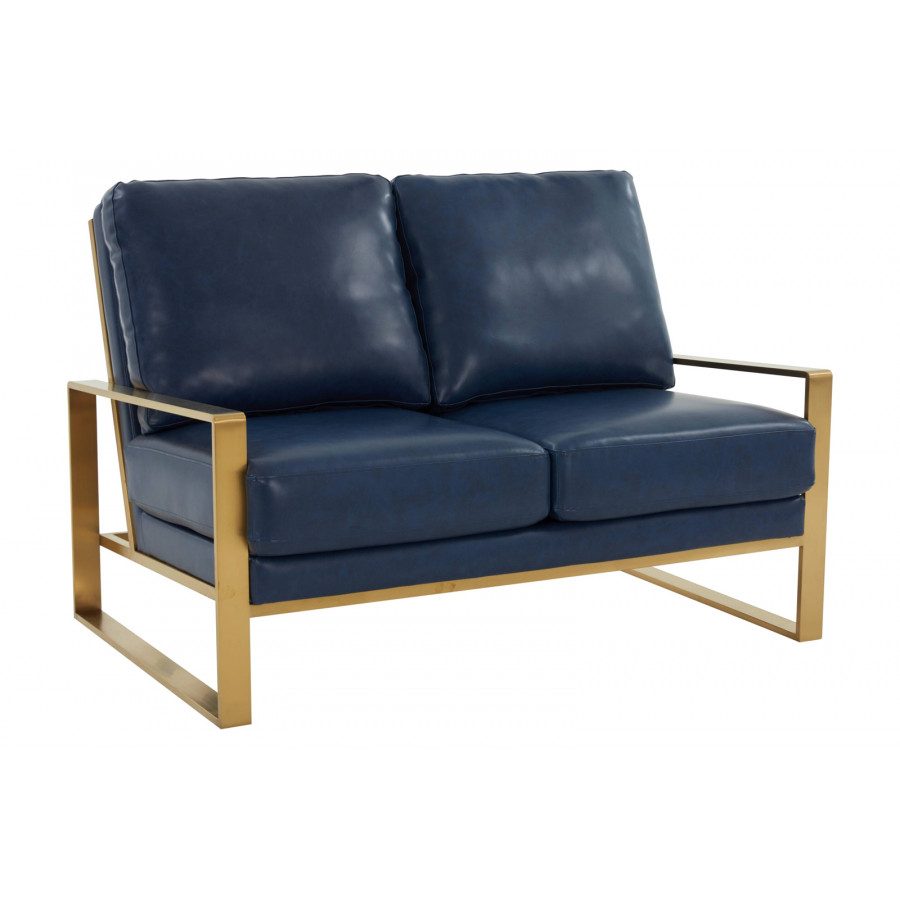 LeisureMod Jefferson Contemporary Modern Faux Leather Loveseat With Gold Frame - Navy Blue