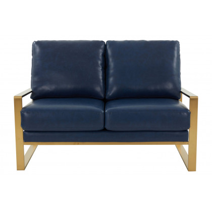 LeisureMod Jefferson Contemporary Modern Faux Leather Loveseat With Gold Frame - Navy Blue