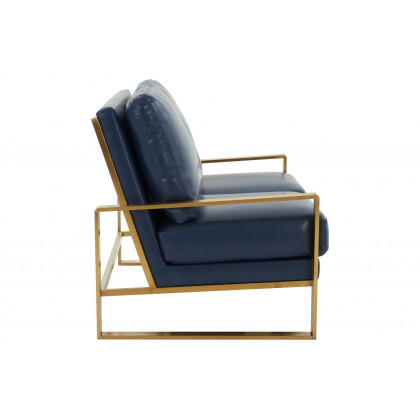 LeisureMod Jefferson Contemporary Modern Faux Leather Loveseat With Gold Frame - Navy Blue