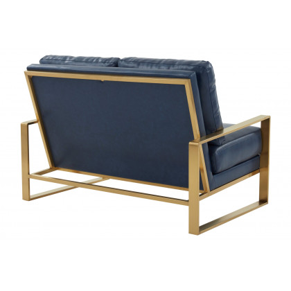 LeisureMod Jefferson Contemporary Modern Faux Leather Loveseat With Gold Frame - Navy Blue