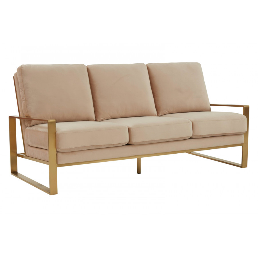 LeisureMod Jefferson Contemporary Modern Design Velvet Sofa With Gold Frame - Beige