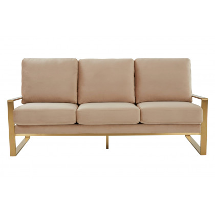 LeisureMod Jefferson Contemporary Modern Design Velvet Sofa With Gold Frame - Beige