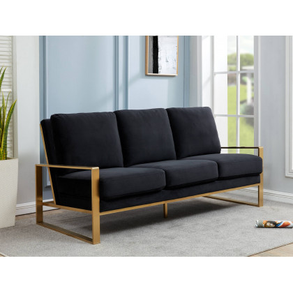 LeisureMod Jefferson Contemporary Modern Design Velvet Sofa With Gold Frame - Black