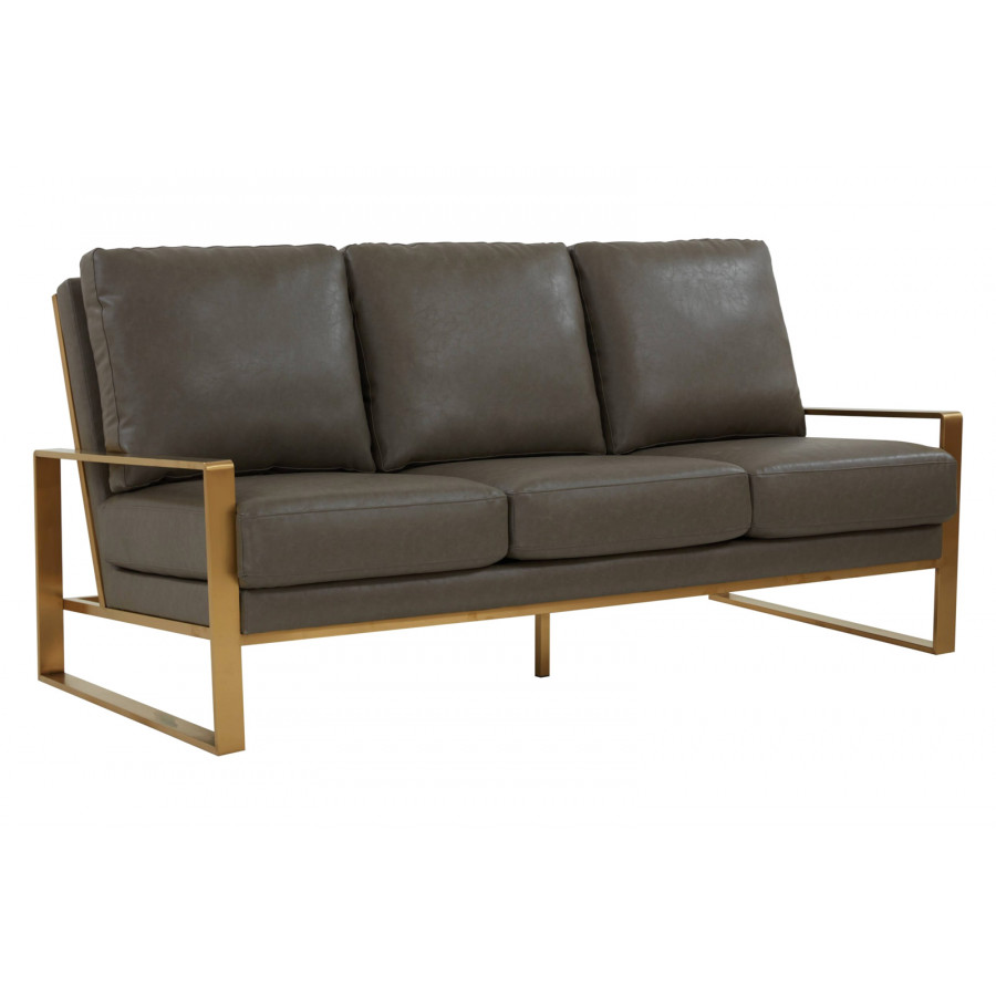 LeisureMod Jefferson Contemporary Modern Design Leather Sofa With Gold Frame - Gray