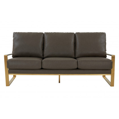 LeisureMod Jefferson Contemporary Modern Design Leather Sofa With Gold Frame - Gray