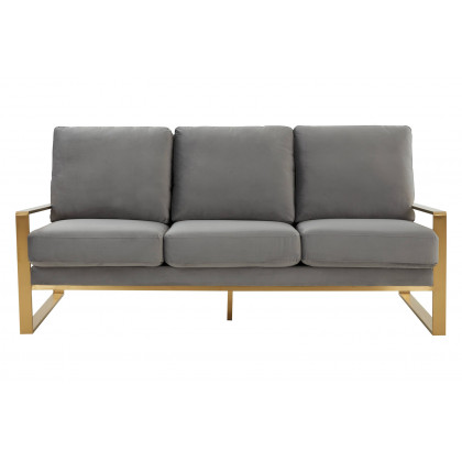 LeisureMod Jefferson Contemporary Modern Design Velvet Sofa With Gold Frame - Light Gray