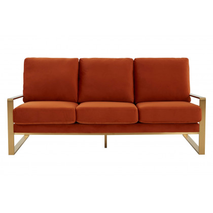 LeisureMod Jefferson Contemporary Modern Design Velvet Sofa With Gold Frame - Orange