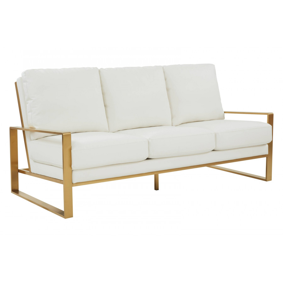 LeisureMod Jefferson Contemporary Modern Design Leather Sofa With Gold Frame - White
