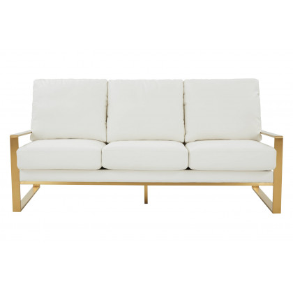 LeisureMod Jefferson Contemporary Modern Design Leather Sofa With Gold Frame - White