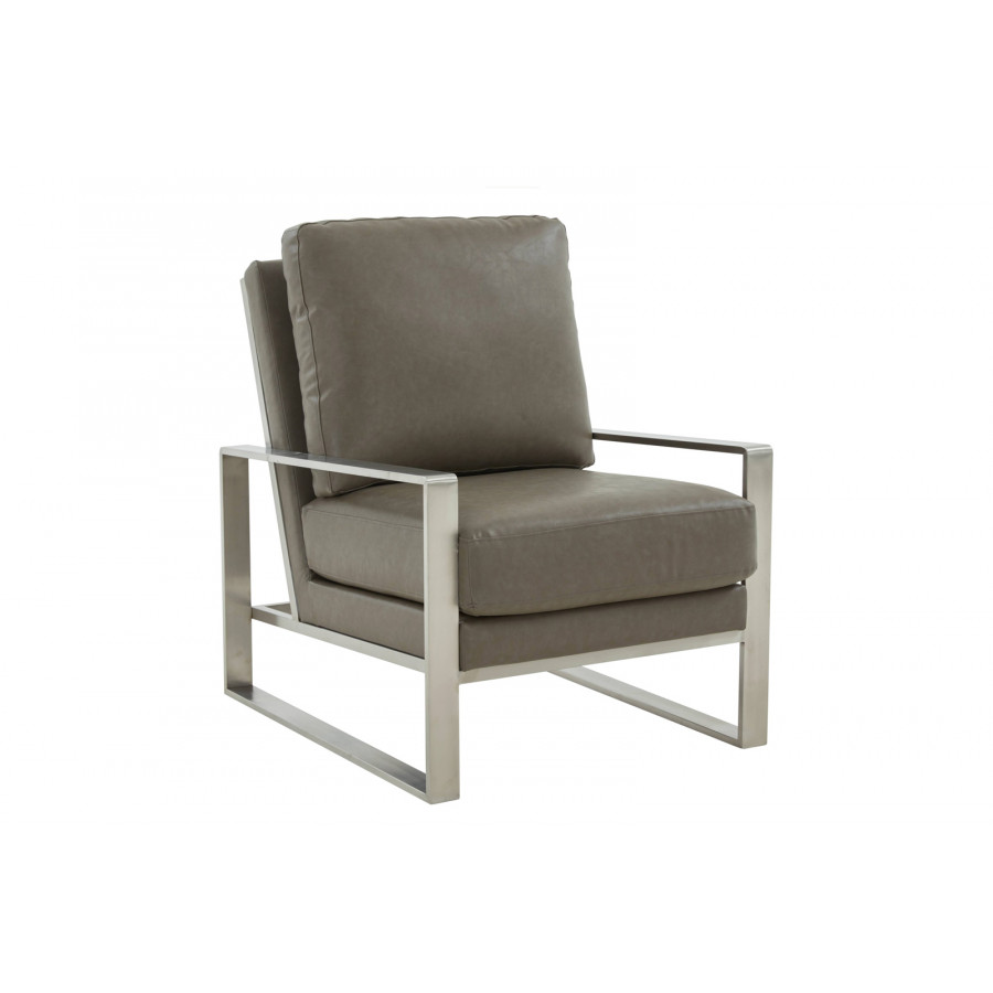 LeisureMod Jefferson Leather Modern Design Accent Armchair With Elegant Silver Frame - Gray