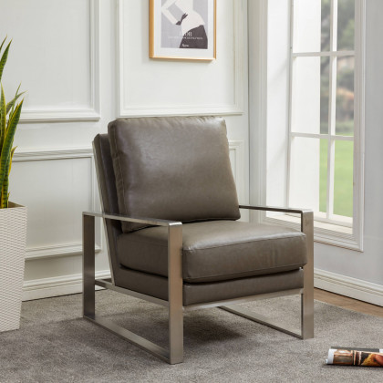 LeisureMod Jefferson Leather Modern Design Accent Armchair With Elegant Silver Frame - Gray