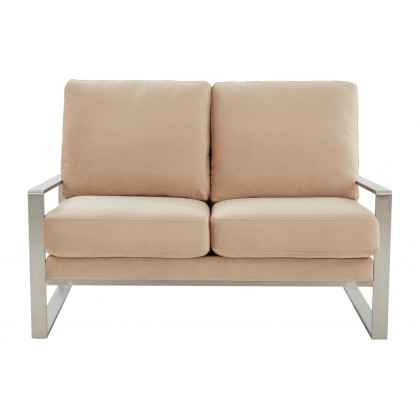 LeisureMod Jefferson Contemporary Modern Velvet Loveseat With Silver Frame - Beige