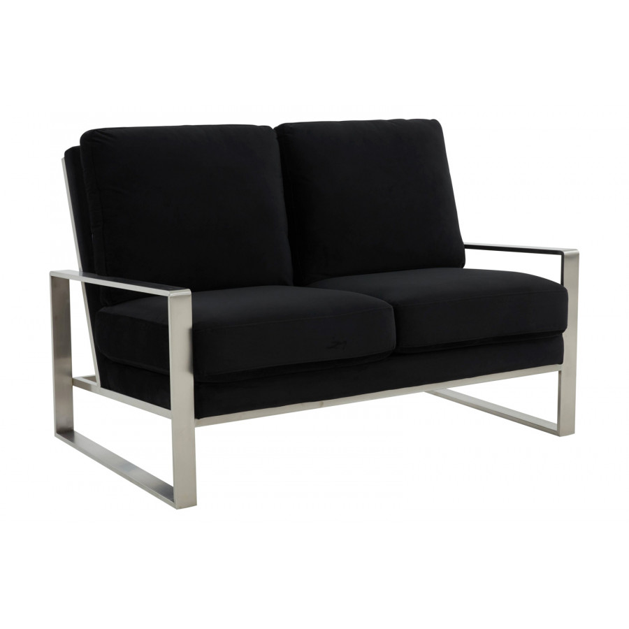LeisureMod Jefferson Contemporary Modern Velvet Loveseat With Silver Frame - Black