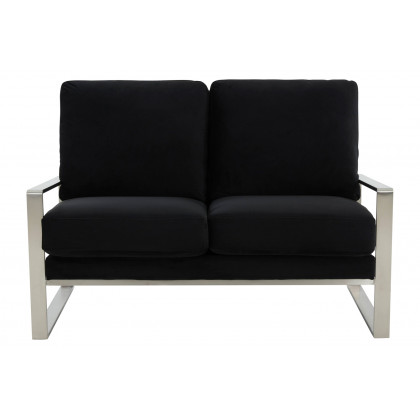 LeisureMod Jefferson Contemporary Modern Velvet Loveseat With Silver Frame - Black