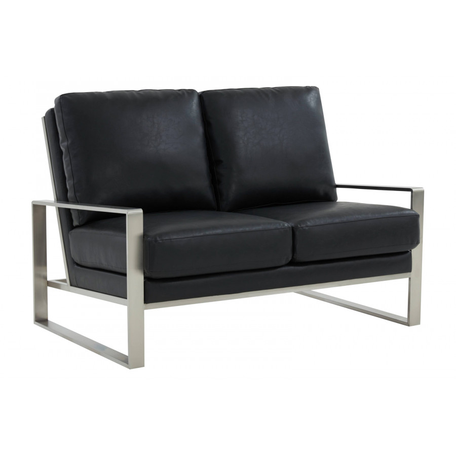 LeisureMod Jefferson Contemporary Modern Faux Leather Loveseat With Silver Frame - Black