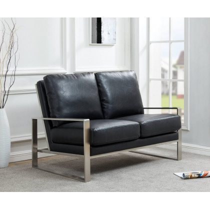 LeisureMod Jefferson Contemporary Modern Faux Leather Loveseat With Silver Frame - Black