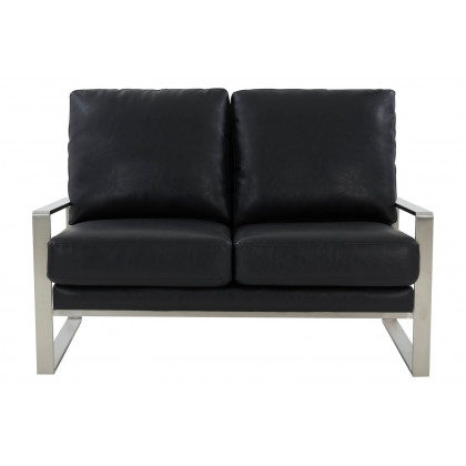LeisureMod Jefferson Contemporary Modern Faux Leather Loveseat With Silver Frame - Black