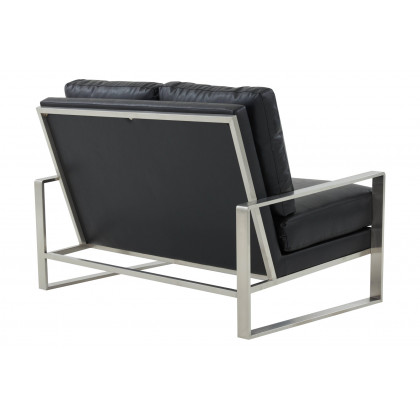 LeisureMod Jefferson Contemporary Modern Faux Leather Loveseat With Silver Frame - Black