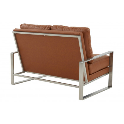 LeisureMod Jefferson Contemporary Modern Faux Leather Loveseat With Silver Frame - Cognac Tan