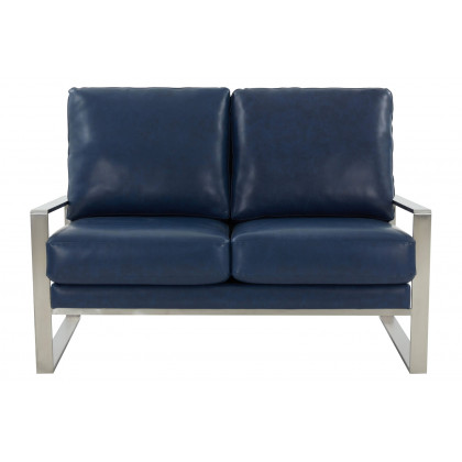 LeisureMod Jefferson Contemporary Modern Faux Leather Loveseat With Silver Frame - Navy Blue