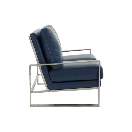 LeisureMod Jefferson Contemporary Modern Faux Leather Loveseat With Silver Frame - Navy Blue