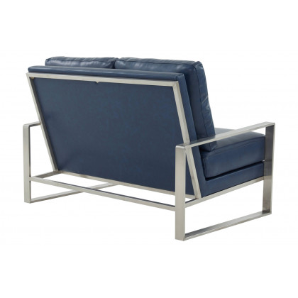 LeisureMod Jefferson Contemporary Modern Faux Leather Loveseat With Silver Frame - Navy Blue