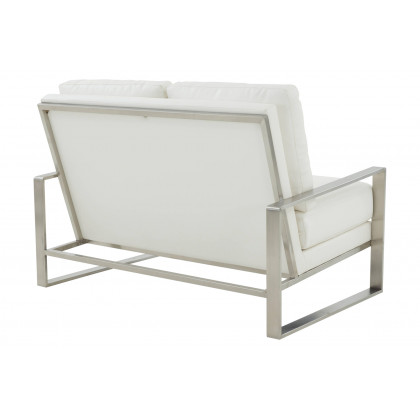 LeisureMod Jefferson Contemporary Modern Faux Leather Loveseat With Silver Frame - White