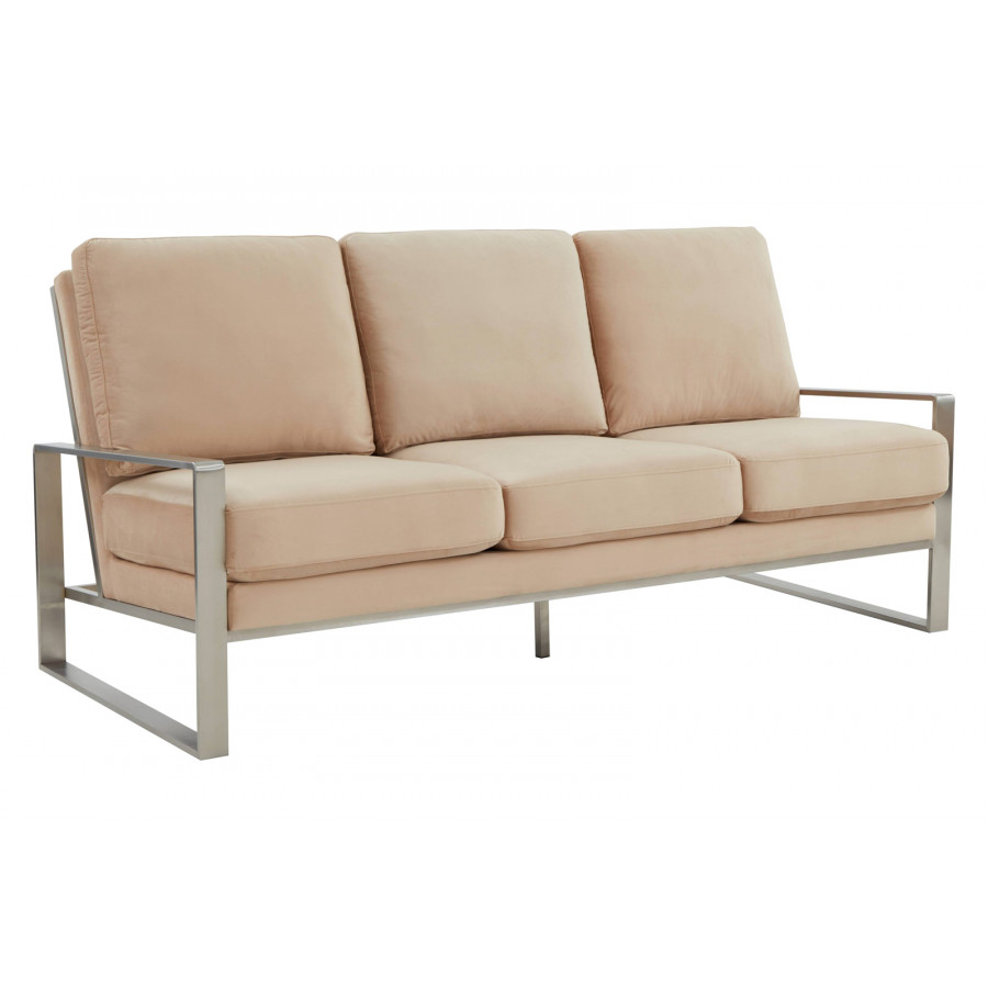 LeisureMod Jefferson Contemporary Modern Design Velvet Sofa With Silver Frame - Beige