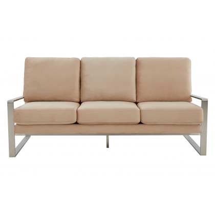 LeisureMod Jefferson Contemporary Modern Design Velvet Sofa With Silver Frame - Beige