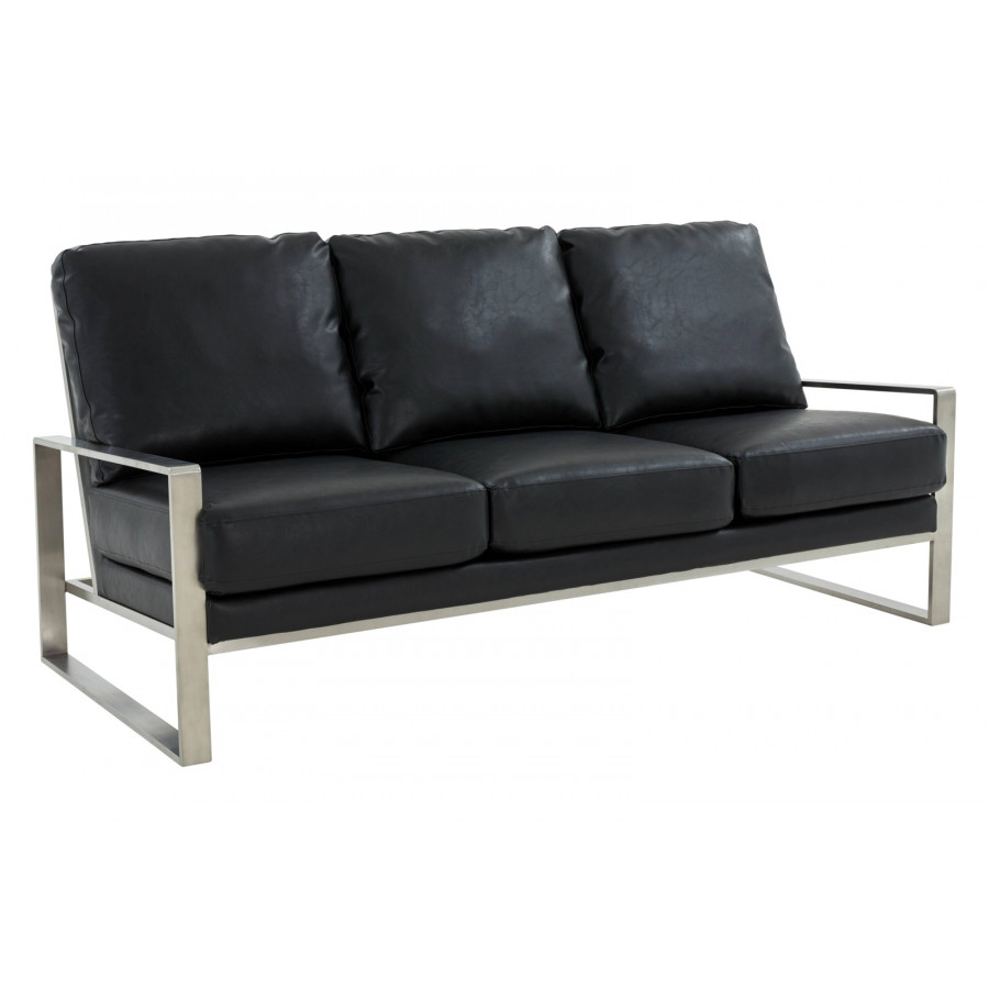 LeisureMod Jefferson Contemporary Modern Design Leather Sofa With Silver Frame - Black