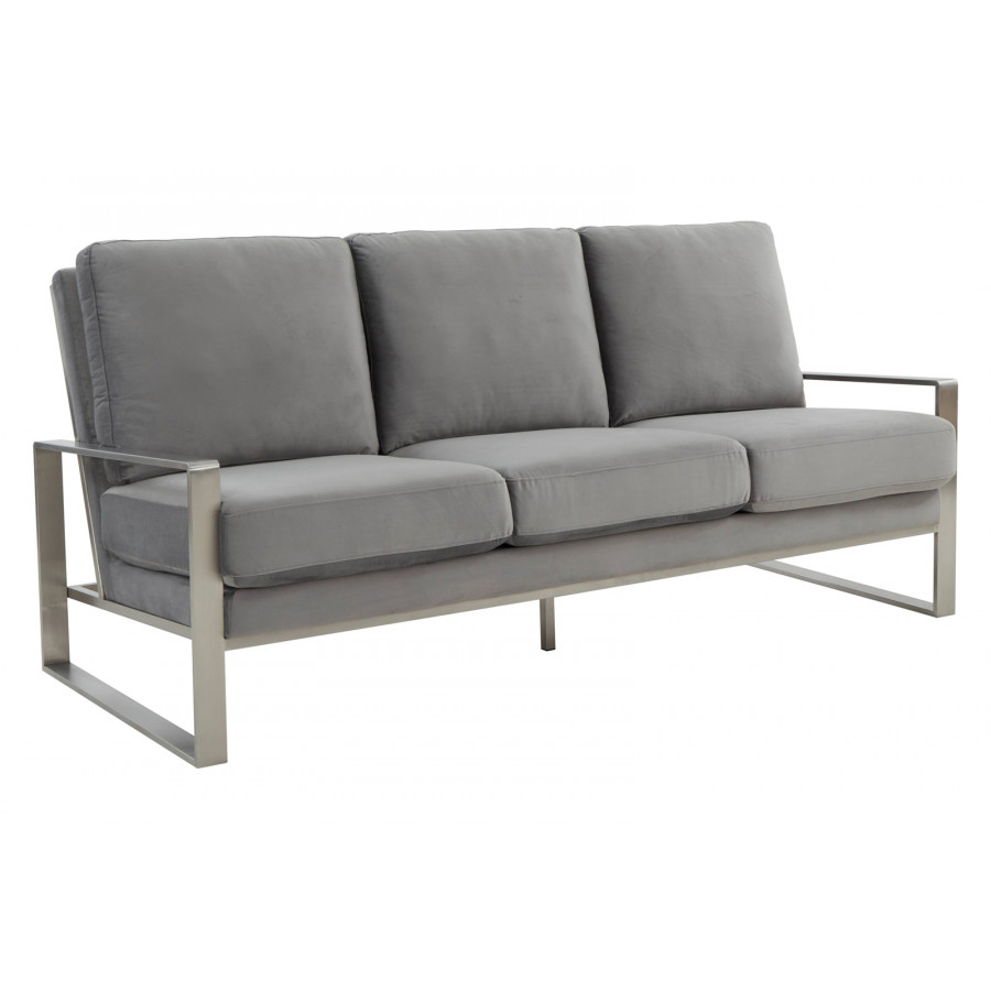 LeisureMod Jefferson Contemporary Modern Design Velvet Sofa With Silver Frame - Light Gray