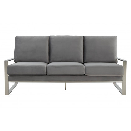 LeisureMod Jefferson Contemporary Modern Design Velvet Sofa With Silver Frame - Light Gray