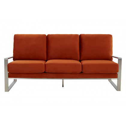 LeisureMod Jefferson Contemporary Modern Design Velvet Sofa With Silver Frame - Orange