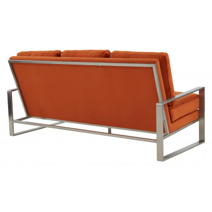 LeisureMod Jefferson Contemporary Modern Design Velvet Sofa With Silver Frame - Orange