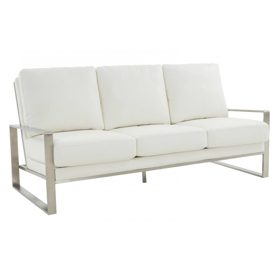 LeisureMod Jefferson Contemporary Modern Design Leather Sofa With Silver Frame - White